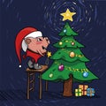 Cute piggy is decorating the Christmas tree. The character in the hat of Santa Claus, holding a toy star.